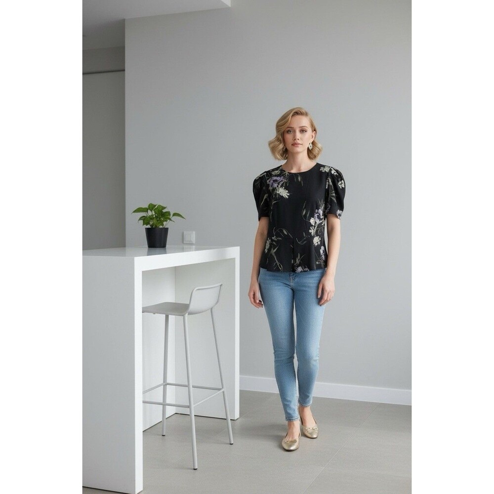 Antonio Melani Floral Print Short Puff Sleeve Women’s Size 12 Peplum Blouse